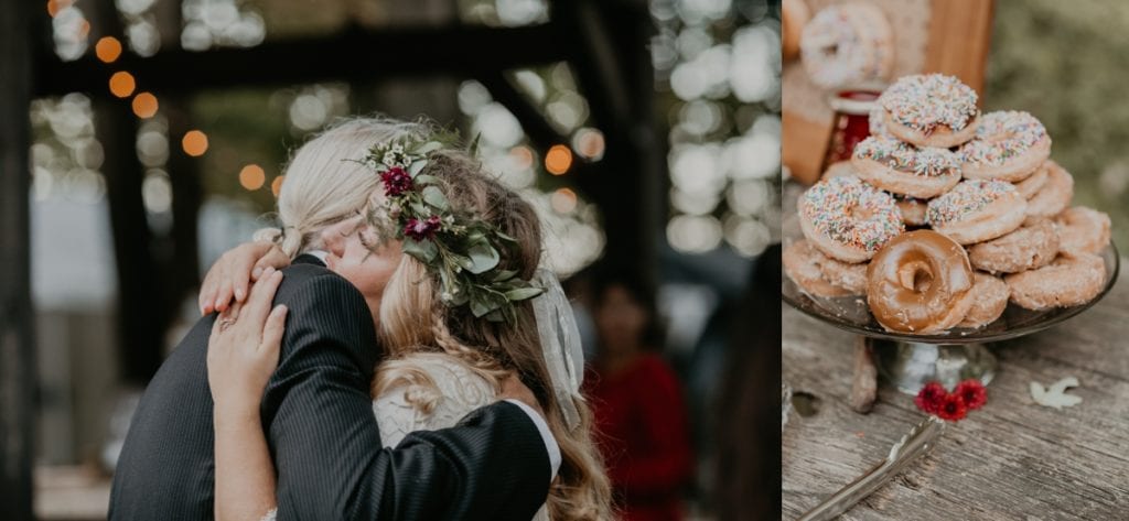 Collage image of two photos: In photo one, bride hugs her father at her wedding at The Clearing in Shedden, ON. In photo 2, there is a plate of donuts stacked at their desert bar. Captured by top London, ON wedding photographer Ashlee Ellision.