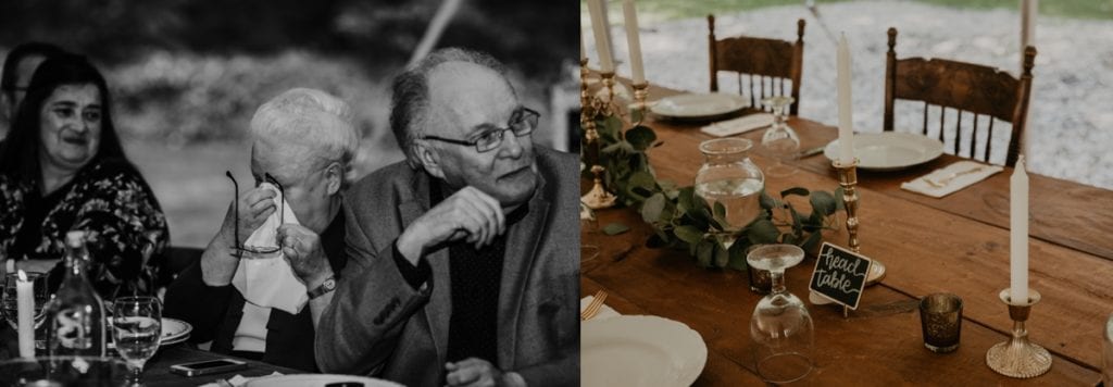 Collage of two photos. In photo one, it is a black and white image of a grandmother wiping a tear during speeches at The Clearing Wedding in Shedden, ON. In photo 2, it is of the rustic head table setup and decor.