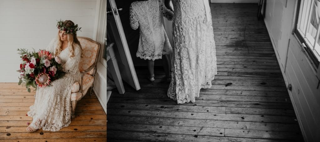 Collage of two images. Left image: bride is posing for a bridal portrait on a vintage chair holding a large bohemian-style bouquet and wearing a flower crown. She is looking down at her flowers. The photo on the right, the bride is walking down a hallway holding her mother's hand. Wedding images captured at The Clearing in Shedden, ON by top wedding photographer Ashlee Ellison.