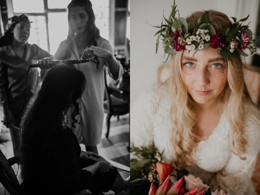 Collage of two images. Right image - black and white photo of bride getting ready. Right photo. bride is posing for a close-up bridal portrait. She is looking a the camera with a closed-mouth smile. Captured at The Clearing in Shedden, ON by top London, ON wedding photographer Ashlee Ellison.