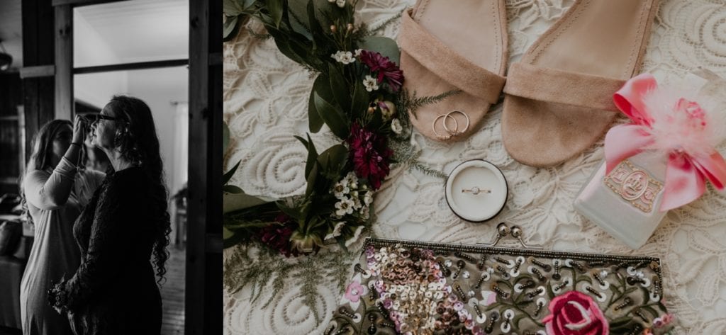 Flat lay of wedding details including clutch, rings, and shoes.