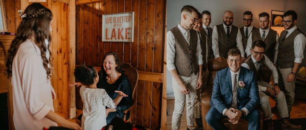 Image collage. On the left, the flower girl is celebrating excitedly with her grandmother as they get ready before the wedding ceremony. On the right, the groom is sitting in a chair smiling at the camera as his groomsmen surround him and laugh.