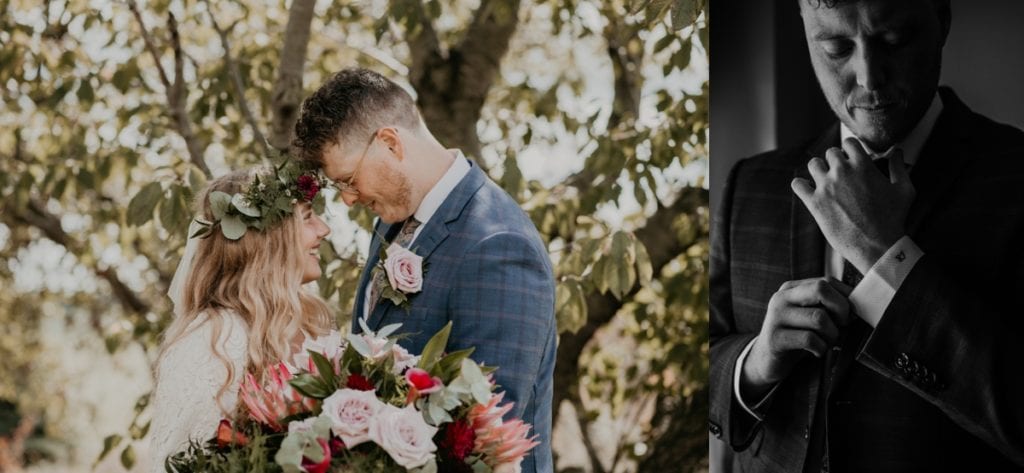 Collage of two images. Image on the right is of a bride and groom posing for a wedding day photo. They are facing each other with their foreheads touching and smiling at each other. Bride is wearing a floral crown and holding a big bouquet. Image on the right is a black and white photo of a group adjusting his cufflink as he gets ready for his wedding. Captured at The Clearing in Shedden, ON.