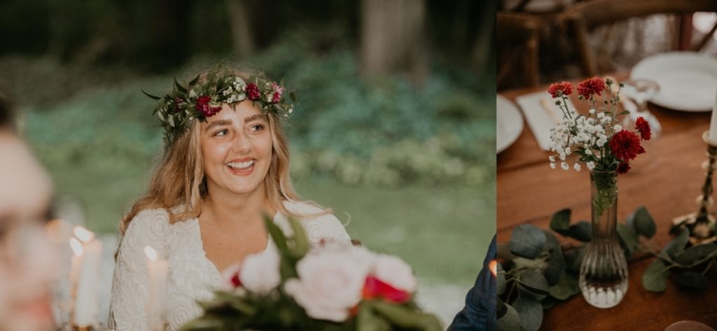 Collage of two images. Image on the left is a bride wearing a floral crown and laughing at her wedding reception. On the right is a closeup detail of the table centrepiece. Captured at The Clearing in Shedden, ON.