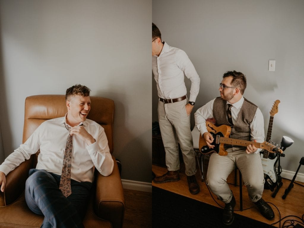 Collage of two images. On the left, the groom is relaxed sitting in a tan leather chair and laughing. On the right, groomsmen are jamming on an electric guitar.