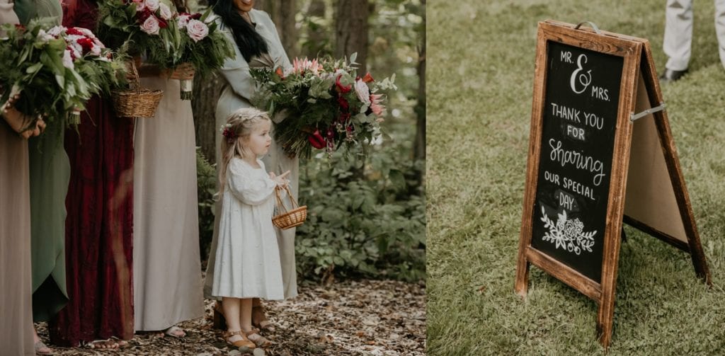 Collage of two images. On the left, there is a closeup of the flower girl standing at the altar at The Clearing in Shedden, ON. On the right, there is a painted chalk sign at the ceremony.