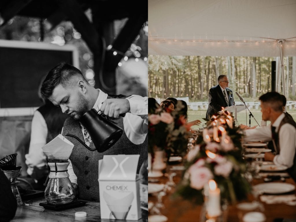 Collage of two images. The image on the left is a black and white image of a groomsman pouring a drop pour coffee at the wedding reception. On the right, there is an image of a parent giving a speech at the reception.