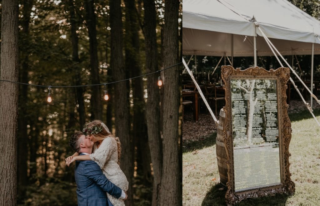 Collage of two images. On the left, there is a portrait of a groom lifting his bride up for a kiss. Her arms are wrapped around his neck. On the right, it is a mirror painted with the seating chart. Captured at The Clearing in Shedden, ON.
