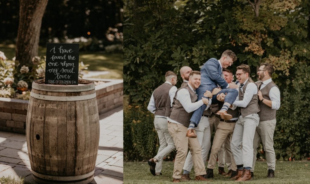 Collage of two images. On the left is of a wine barrel with a chalk sign atop of it. On the right, the groomsmen are carrying the groom playfully and laughing. Captured at The Clearing in Shedden, ON by top London, Ontario wedding photographer Ashlee Ellison.