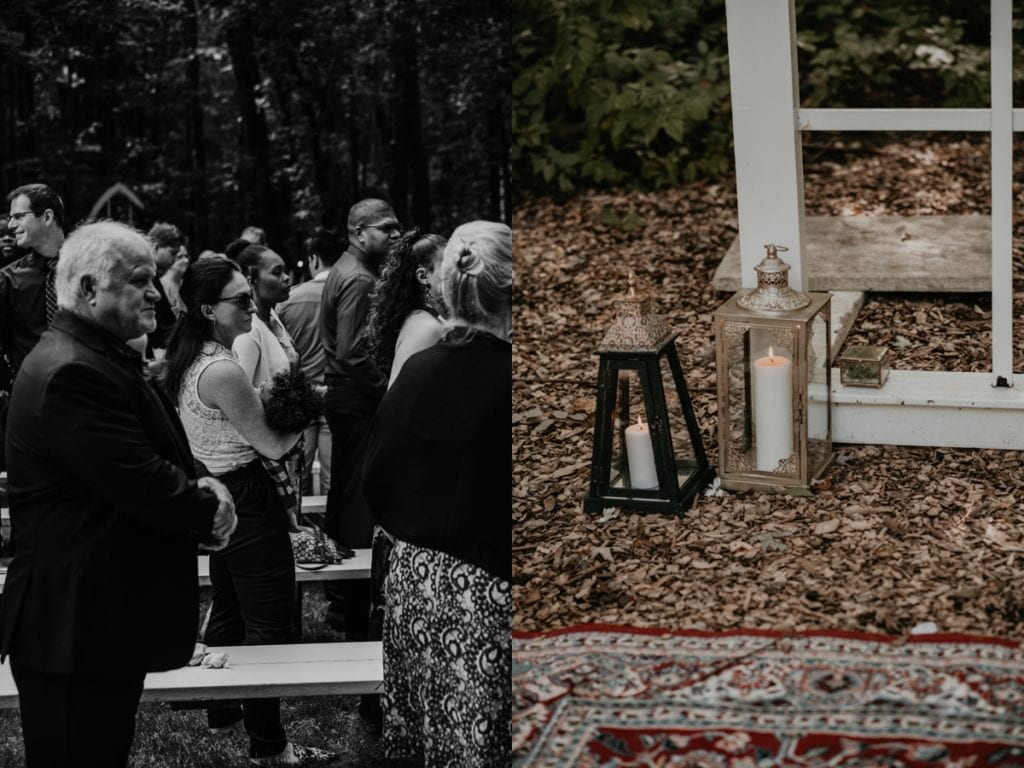 Collage of two photos. On the left, wedding guests are standing for the bride's ceremony entrance. On the right, it is a close up of lit candle decor at the wedding ceremony.