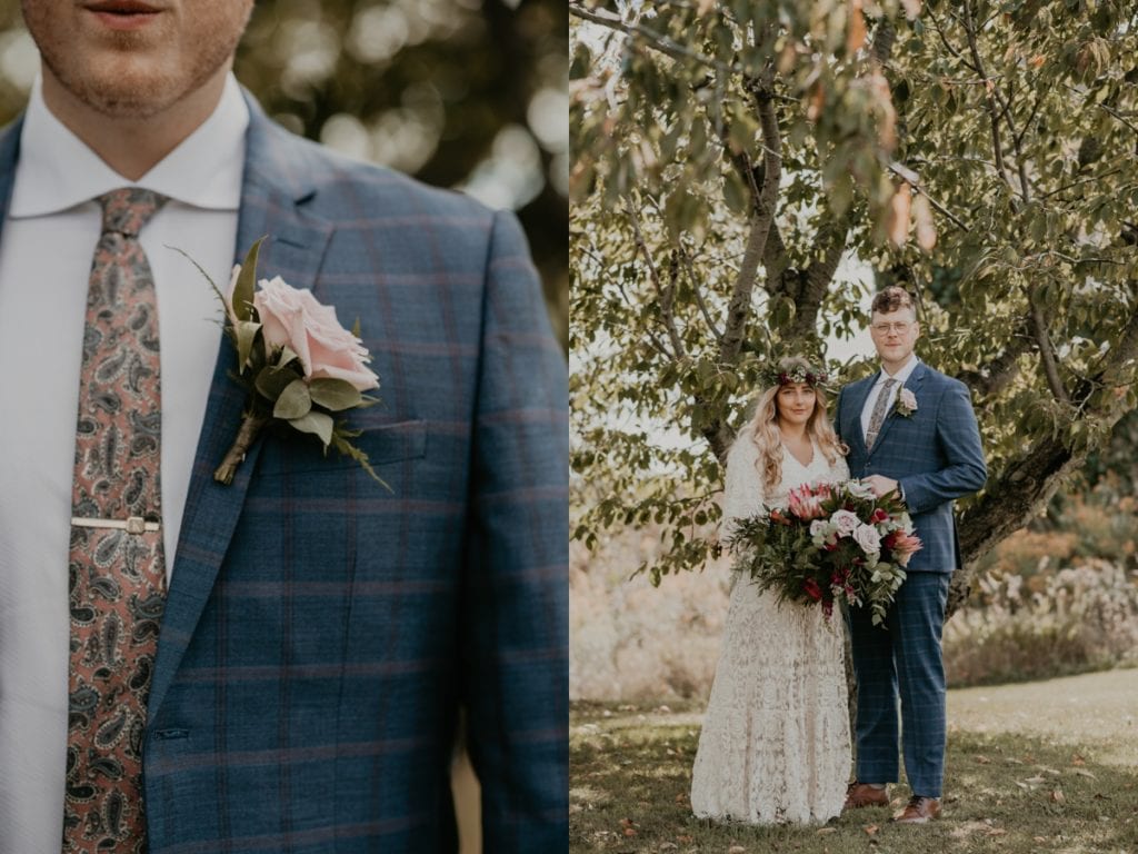 Collage of two photos. On the right, there is the groom's boutonniere and tie. On the right, the bride and groom pose for a portrait underneath a tree at The Clearing in Shedden, ON. They are smiling at the camera.