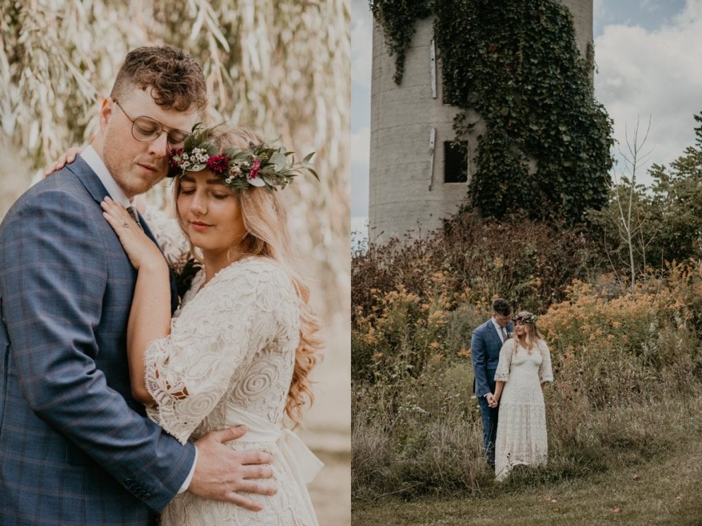 Collage of two images. On the left, the bride and groom are standing chest to chest and posing for a portrait. The bride's hands are resting on the groom's chest. Both have their eyes closed and looking down. On the right, the bride and groom are standing in front of a vintage silo and holding hands.