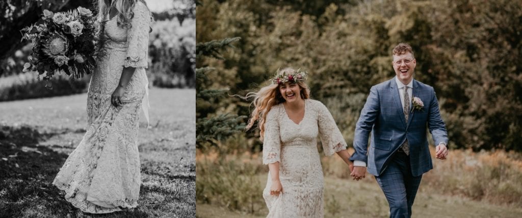 Bride and groom are walking hand in hand through a field and laughing for a candid wedding day photo at The Clearing in Shedden, Ontario. Captured by top London, Ontario photographer Ashlee Ellison.