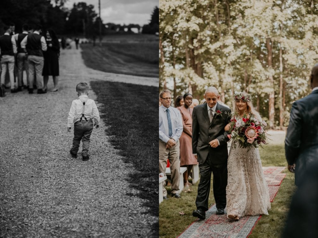 Bride's grandfather walks her down the aisle for a vintage boho wedding at The Clearing in Shedden, Ontario.