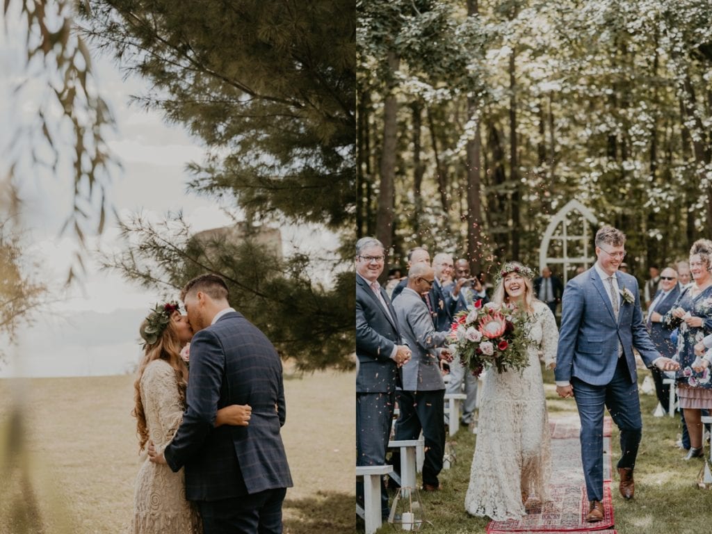 Collage of two images. Image on left - bride and groom share a kiss at their first look at The Clearing in Shedden, Ontario. On the right, the bride and groom are smiling as they walk up the aisle after their wedding ceremony. Guests are throwing confetti. Captured by top London, Ontario wedding photographer Ashlee Ellison.