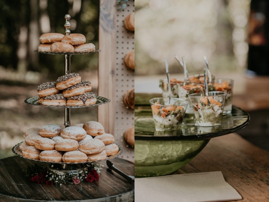 Donut cake stand and ceviche appetizers at The Clearing wedding.