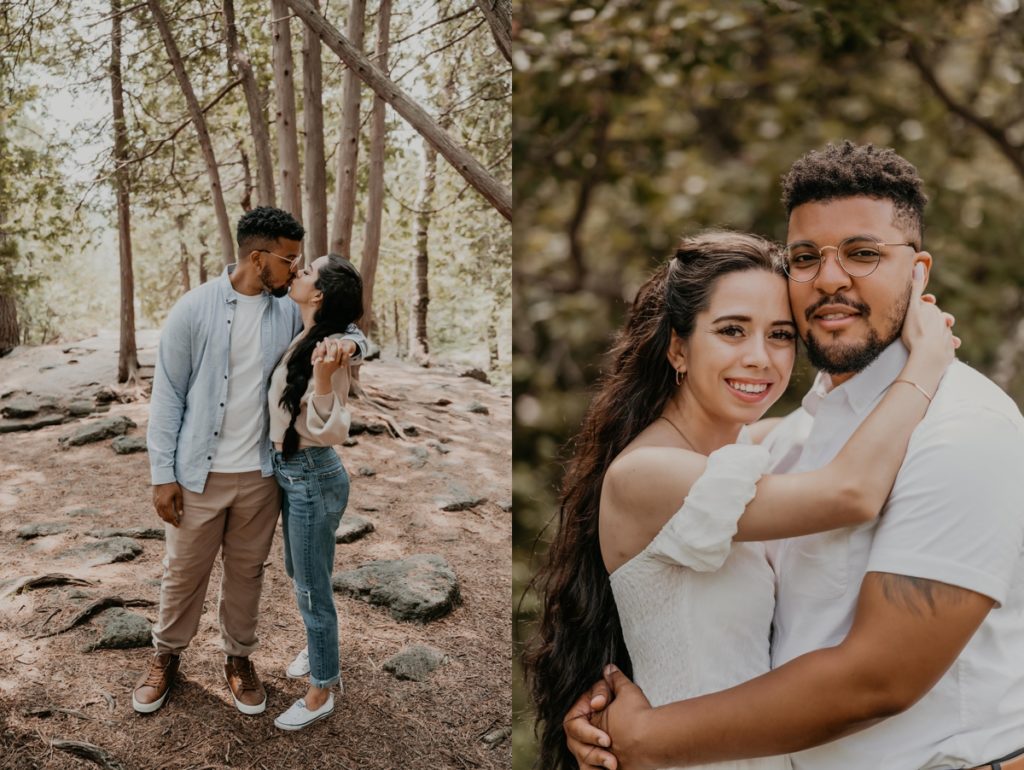 Couple stand chest-to-chest for an engagement photo. The woman's arms are draped around the man's neck and his arms around the small of her back. her temple is resting against his cheek. Both are smiling at the camera. Captured by top London ontario wedding and engagement photographer ashlee ellison.