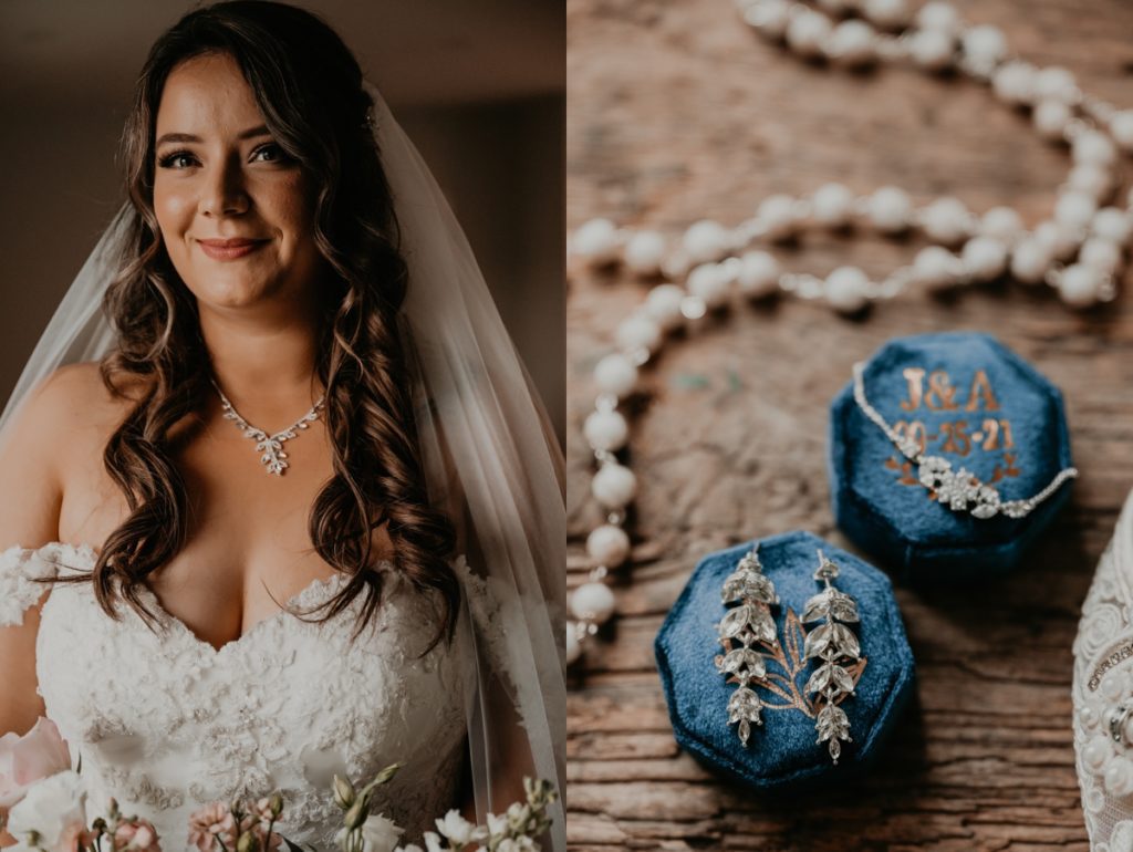 Formal wedding portrait, chest up, of a bride. Her brown curled hair falls in front of her.