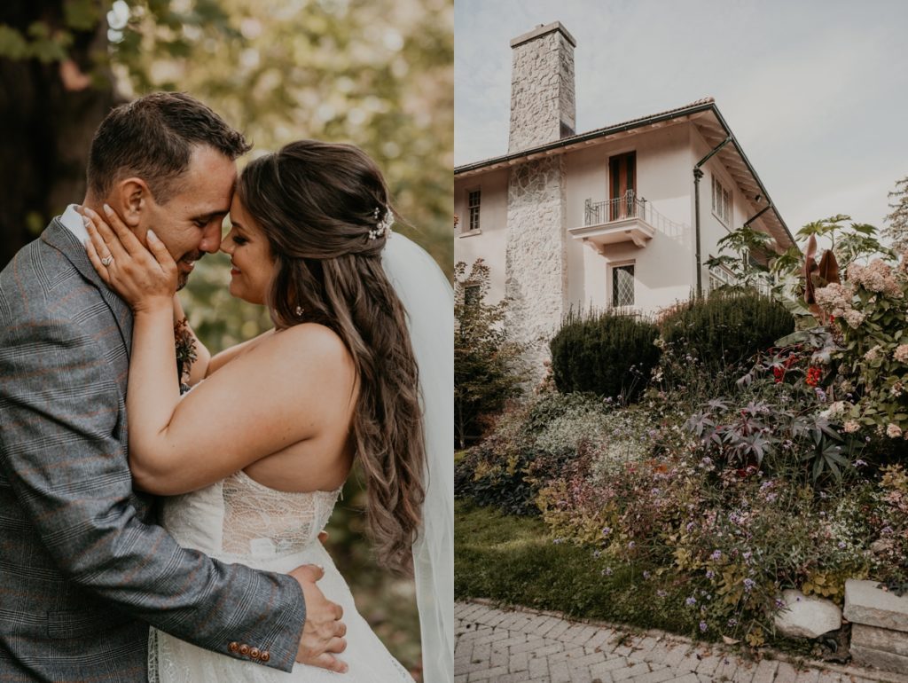 Collage of 2 images. Left image - close up photo. bride has her hands on groom's cheeks and groom has his arms wrapped around his bride's waist. Their noses are touching, smiling, and about to kiss. Brides long brown curled hair trails down her back. Right image: Lush greenery is featured against the cream stucco exterior of the Elsie Perrin Williams Estate wedding venue in London, Ontario. Captured by top London, ON wedding photographer Ashlee Ellison.