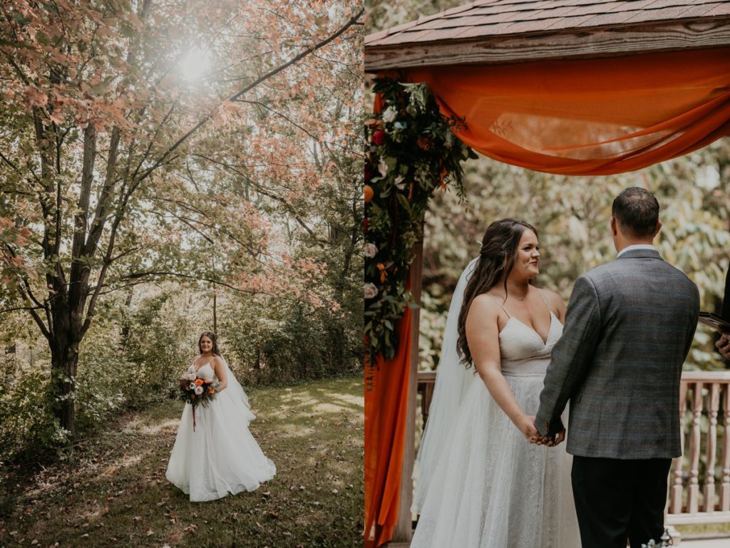 Bride and groom stand hand in hand under a gazebo adorned with fall-coloured flowers at the Elsie Perrin Williams Estate in London, ON.