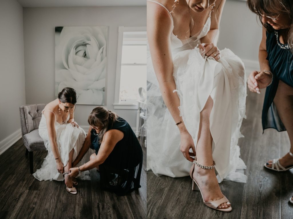 Bride fastens her shoes as she gets ready for her Cellar 52 wedding ceremony.
