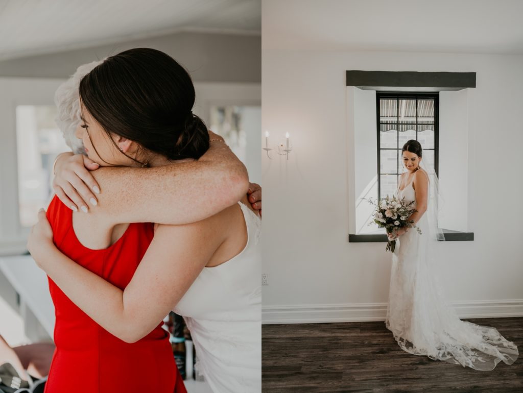 Close up image of a bride sharing a hug with her mom for an intimate and candid wedding day photo. Captured at Cellar 52 in St Jacobs, ON