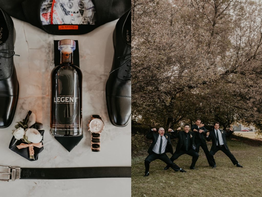 Groom and groomsmen pose for a fun wedding day portrait on the grounds of Cellar 52 in St Jacobs, ON. All of them are crouching down and flexing like superheroes. Captured by top k-w wedding photographer ashlee ellison.
