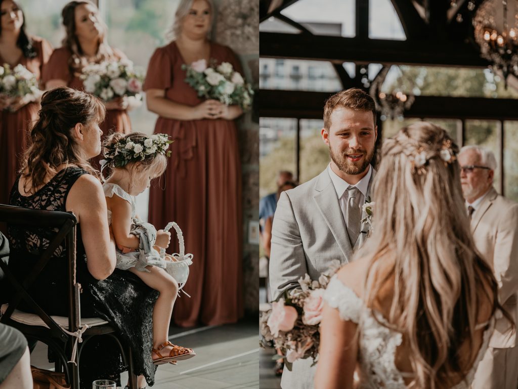 Image of a groom's face and the bride's back (bride's back is blurred so the groom's face is the feature.) They are exchanging vows at the Cambridge Mill ceremony room.