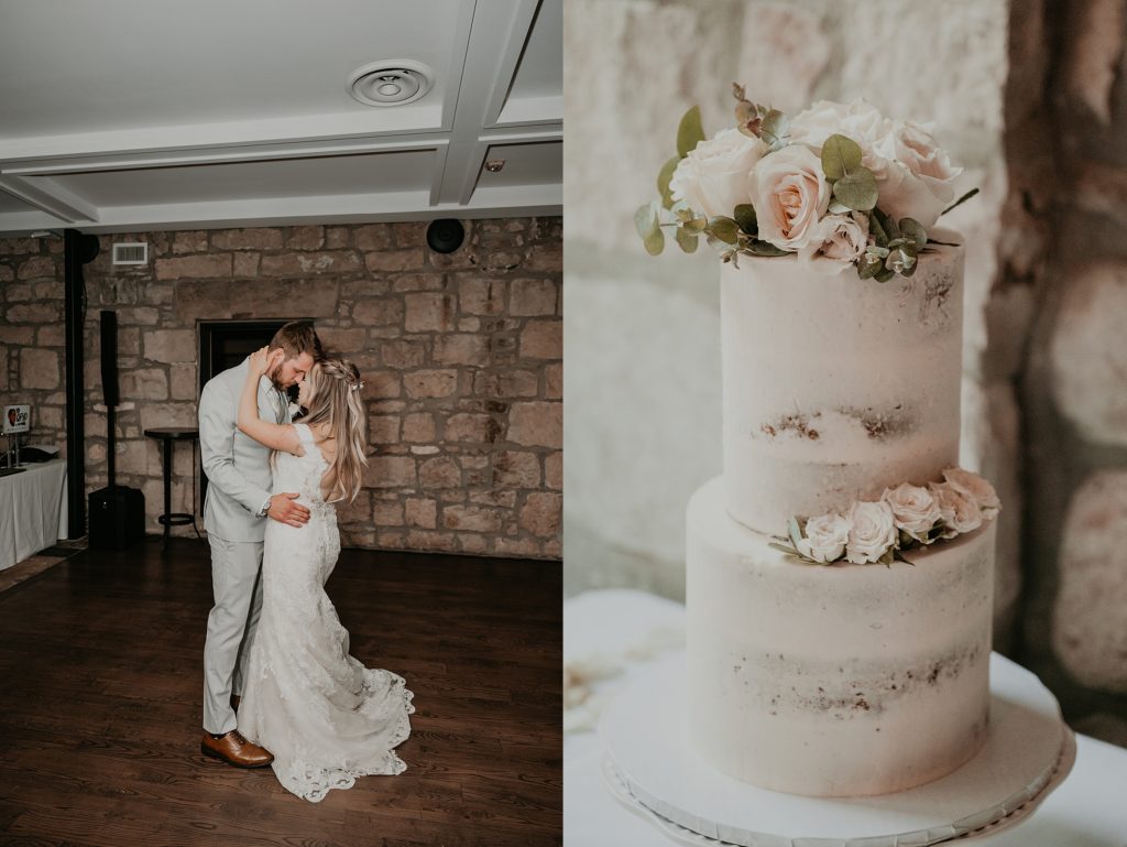 Bride and groom share their first dance at the Cambridge Mill at their wedding reception. Beside them is an image of their raw-iced cake adorned with blush flowers.