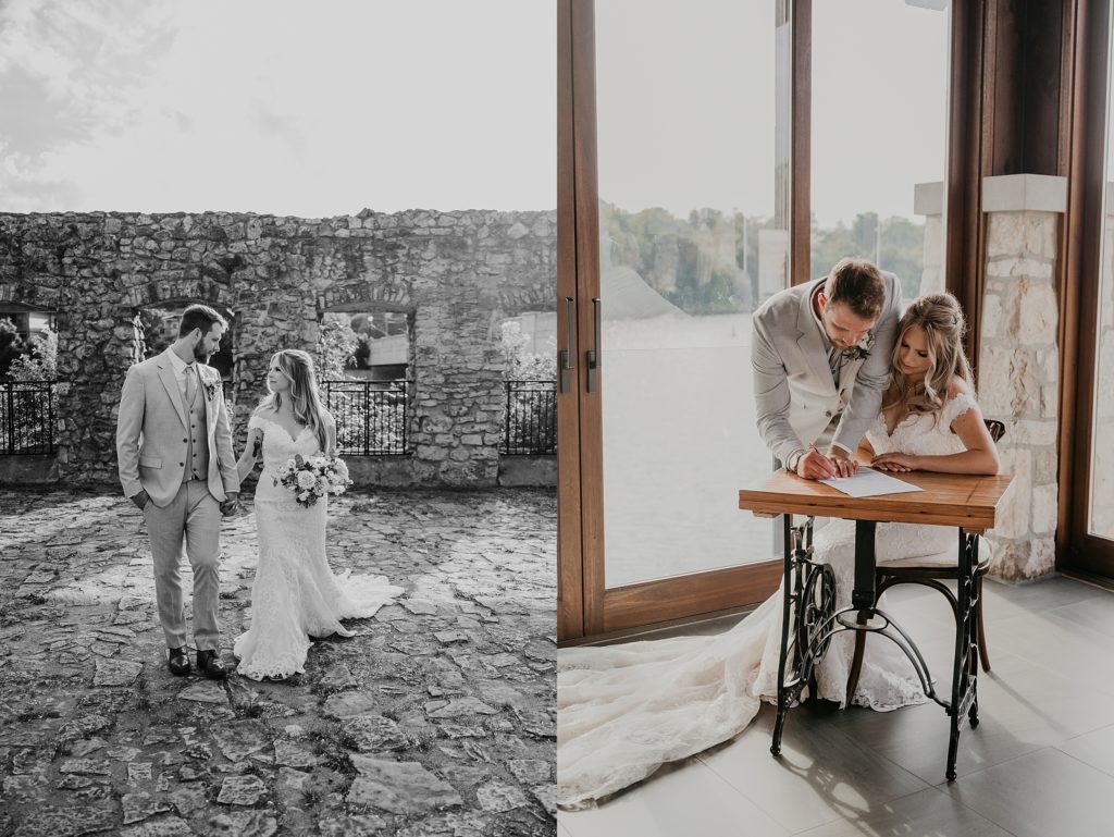 Black and white image of bride and groom walking hand-in-hand and looking at each other at Mill Race Park with stone ruins in the background. Captured by best Cambridge ontario wedding photographer Ashlee Ellison.