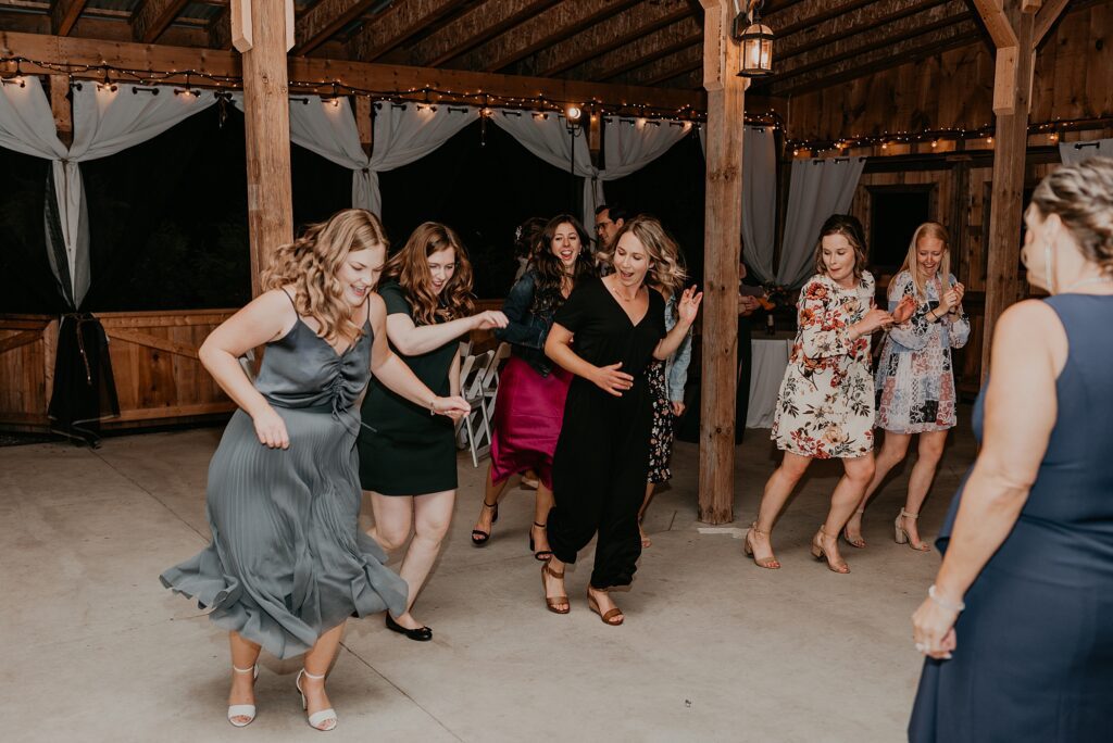 Wedding guests dancing at the century barn in denfield, ontario.