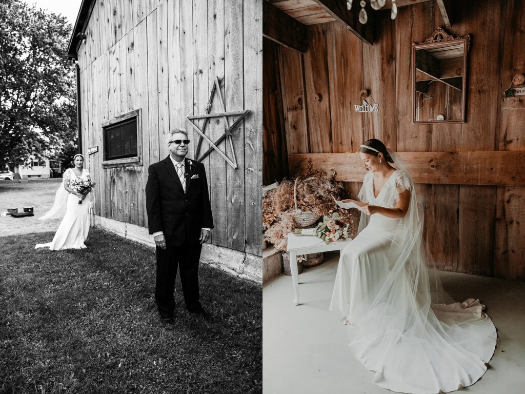 Bride walks toward her Dad for a first look photo with her father at the Century Barn in London, ON.