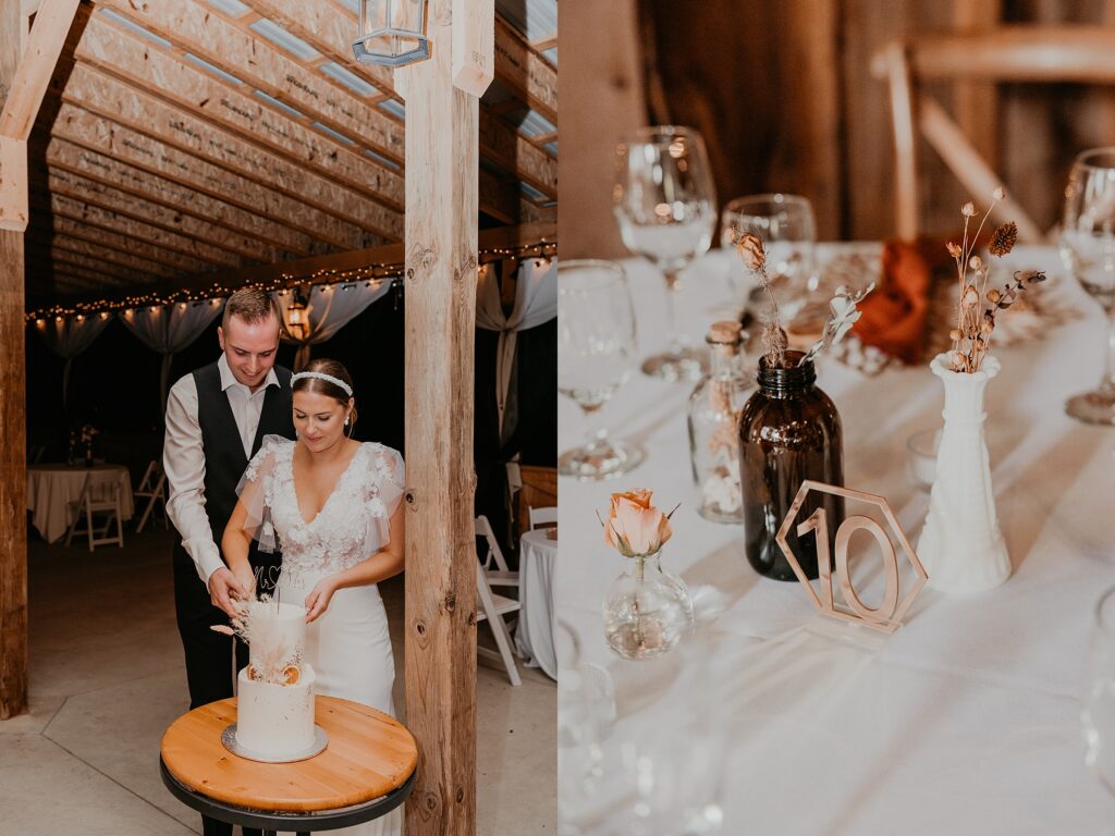 Bride and groom cut their cake at their century barn wedding in london, ontario.