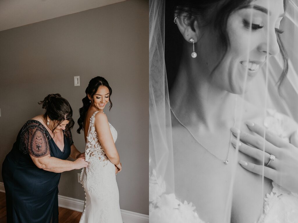 Image collage. Image on left - Bride's mom zips bride into her wedding gown. image on right - black and white close up of bride. her veil is pulled over her face. her hand is on her collarbone featuring her engagement ring. she is smiling over her shoulder. images captured by top newmarket wedding photographer ashlee ellison.