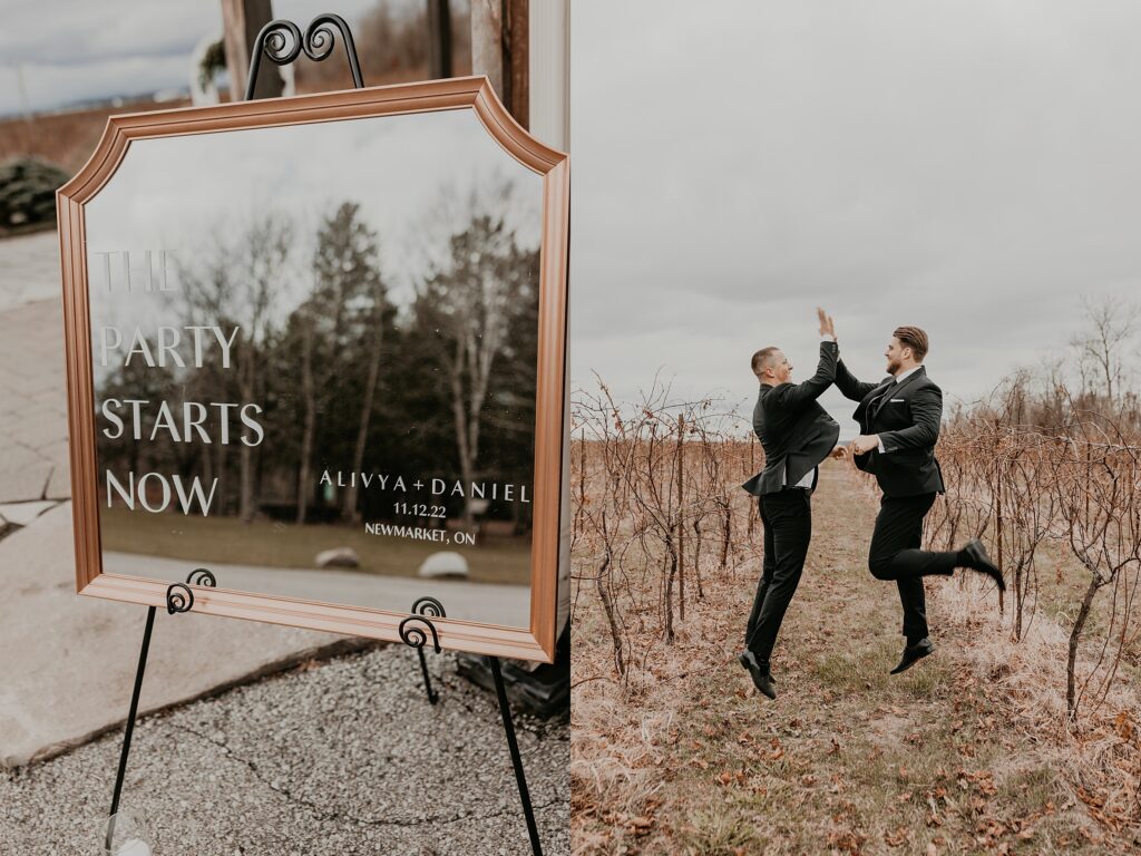 Groom and groomsmen jump and high-five in the fines at his holland marsh wineries wedding in newmarket, Ontario. captured by top newmarket wedding photographer ashlee ellison.