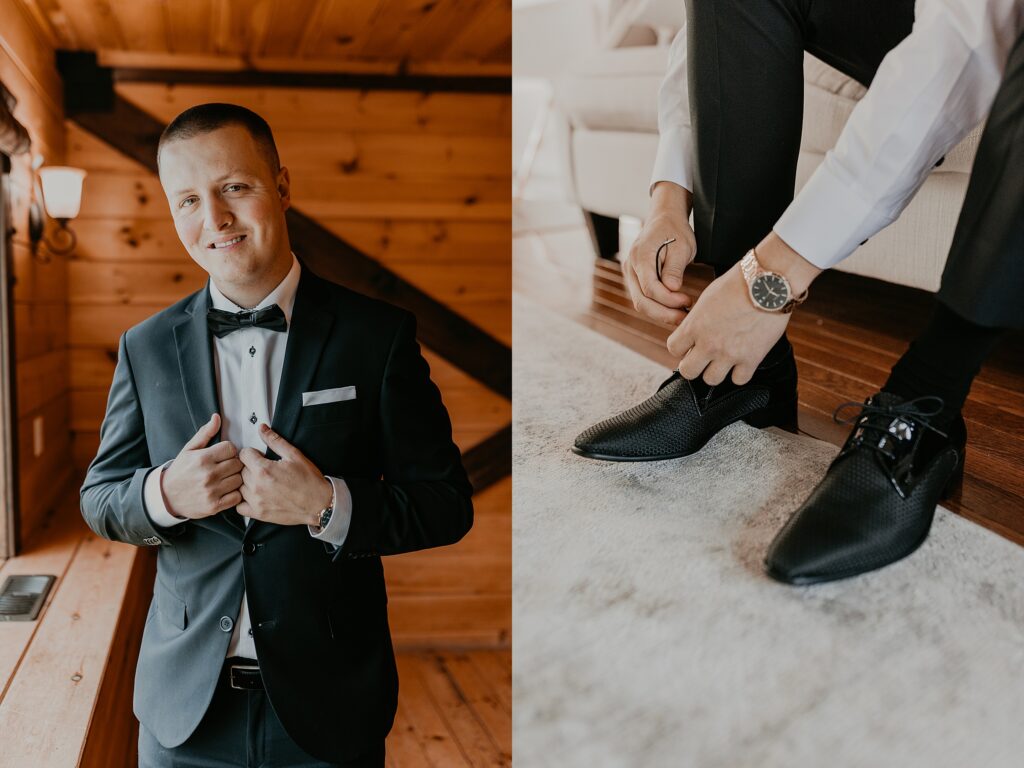 Collage of two images. left image - groom is holding the lapel of his tuxedo and smiling at the camera for a formal portrait. right image - groom is tying his shoes for his holland marsh wineries wedding in newmarket. captured by top newmarket wedding photographer ashlee ellison.