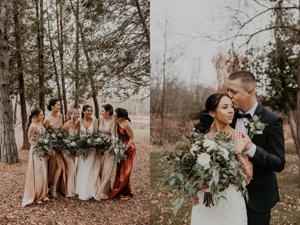 Collage of two images. Left image: bride and her bridesmaids are standing close together and laughing on the grounds of holland marsh wineries. Right image: intimate photo of bride and groom. bride's back is to groom's chest. Bride is holding her bouquet and resting her hand atop of her groom's on her shoulder. the groom is kissing her temple. captured by best newmarket wedding photographer ashlee ellison.