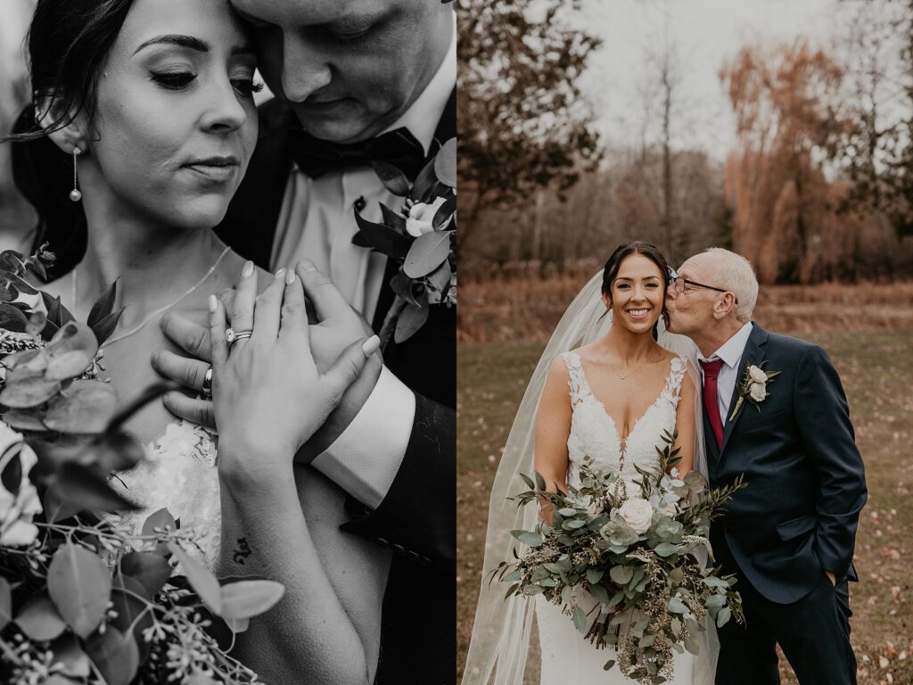 Collage of two images. Left image: intimate closeup photo of bride and groom posing for a portrait. bride's back is against the groom's chest. The groom's forehead is against the bride's temple. Both have their eyes closed and smiling. The groom's hand is resting on the bride's shoulder and the brides hand is resting atop of her grooms. Right image: a bride and her father pose for a portrait at holland marsh wineries. The father is giving his daughter a kiss on the cheek. Captured by best newmarket wedding photographer ashlee ellison.