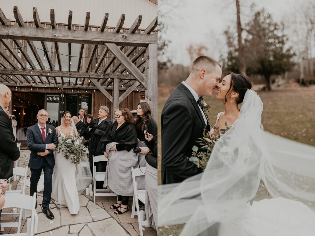 collage of two images. Left image is of smiling bride and her father walking down the aisle at her wedding ceremony at holland marsh wineries as wedding guests look on. Right image: Bride and groom are about to kiss as the bride's veil blows in front of them. captured by best newmarket wedding photographer ashlee ellison.