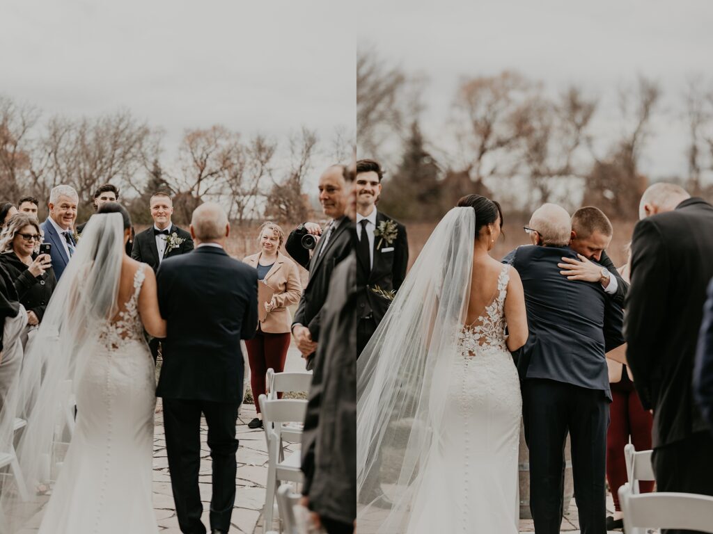 Collage of two images. Left image: Bride's father is walking her down the aisle. The groom's smiling face is featured in the space between the bride and her father. On the left, the groom is giving is future father in law a hug as the bride looks on. captured at holland marsh wineries by top newmarket wedding photographer ashlee ellison.