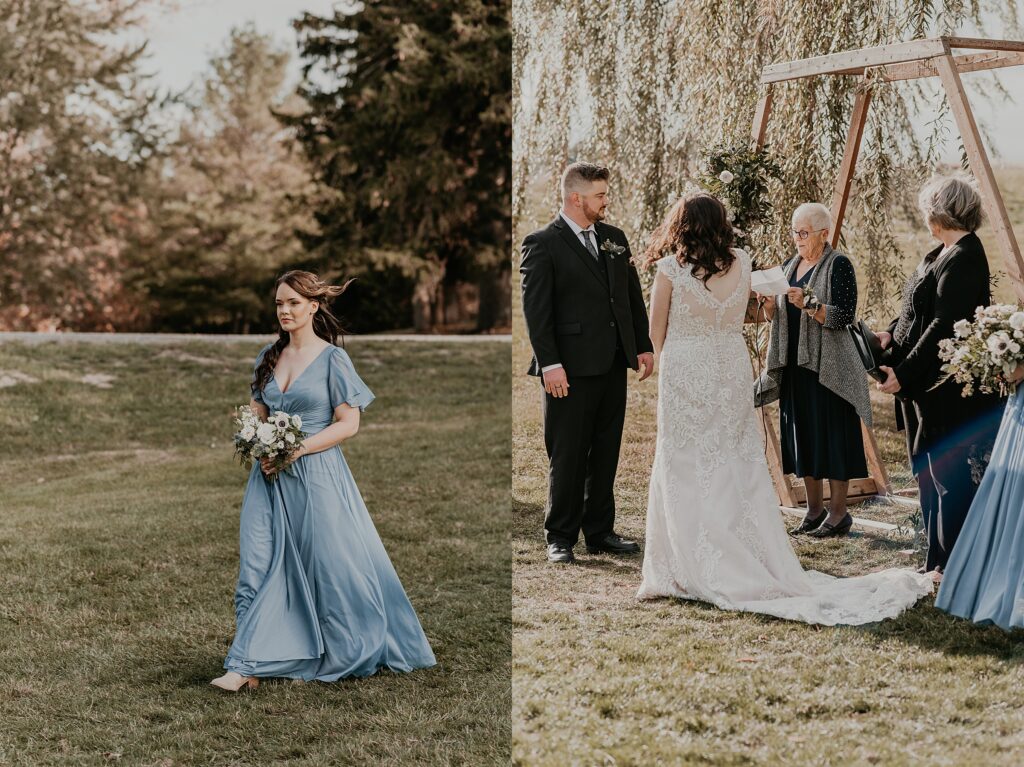 Bridesmaid in a long blue gown and a bouquet of anemones is walking down the grassy aisle at Crescent Hill Acres for an outdoor wedding ceremony. captured by top sarnia wedding photographer ashlee ellison.