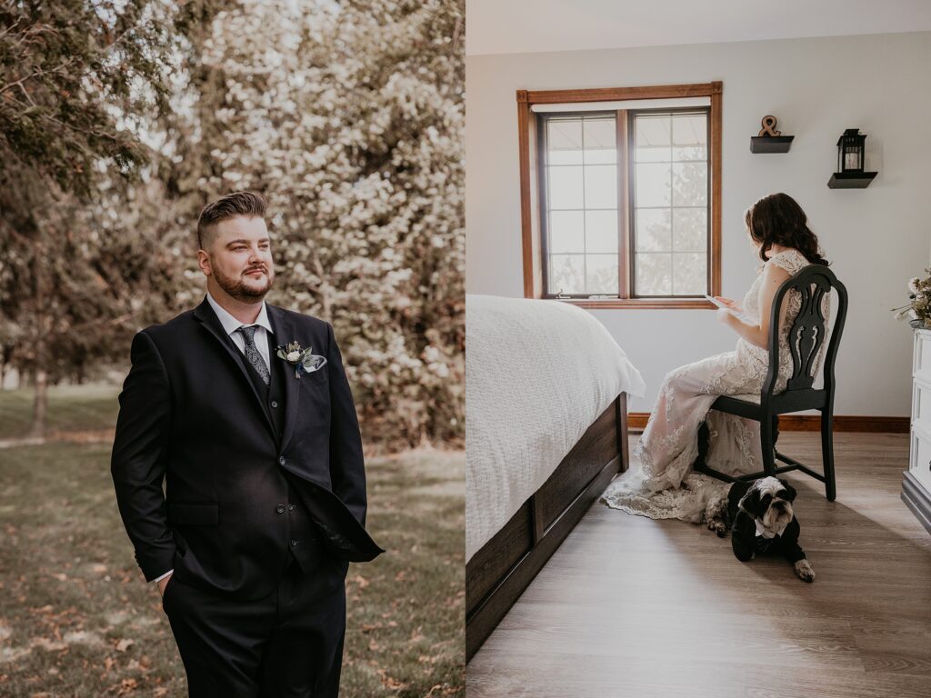 Bride is sitting in a chair reading a note from her groom prior to ceremony. Her dog in a suit jacket is sitting beside her. Captured by top sarnia wedding photographer ashlee ellison.