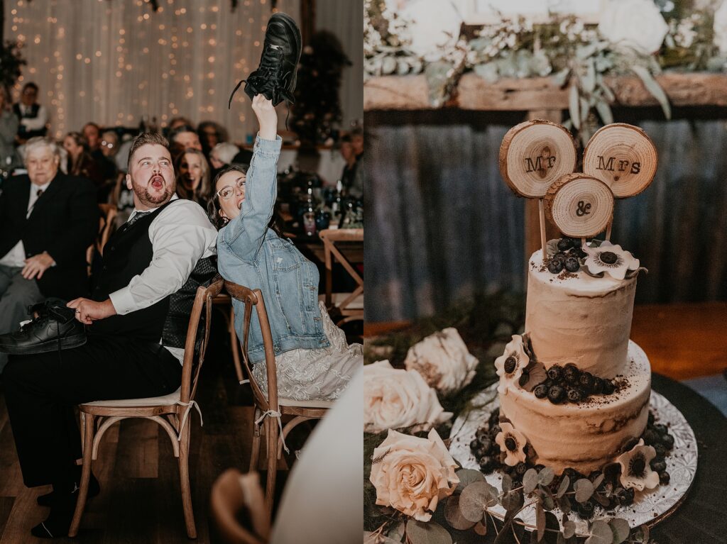 Collage of two images. Left image: Bride and groom are playing the "shoe game" and the bride has the groom's shoe raised in the air. The groom has a shocked expression on his face. The bride is wearing a denim jacket overtop of her gown. Right image: a detail image of the wedding cake. Captured by top sarnia wedding photographer ashlee ellison.