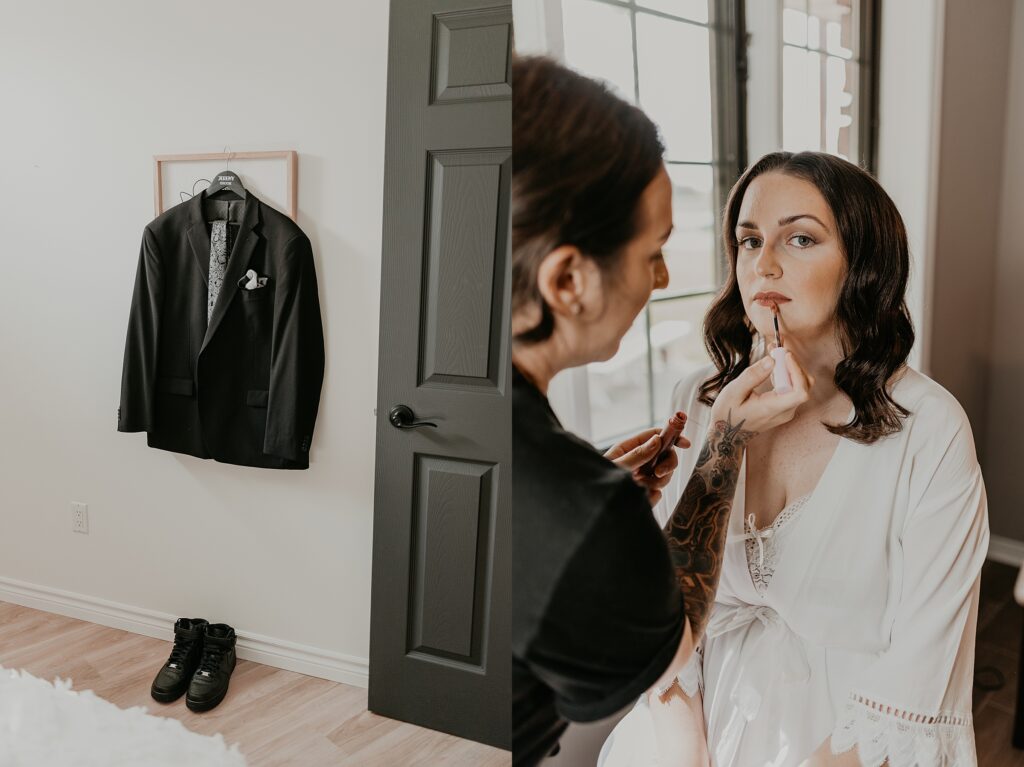 Image collage. Left image: groom's running shoes are captured for a detail shot Right image: makeup artist is touching up the bride's lipstick as she is getting ready for her wedding.