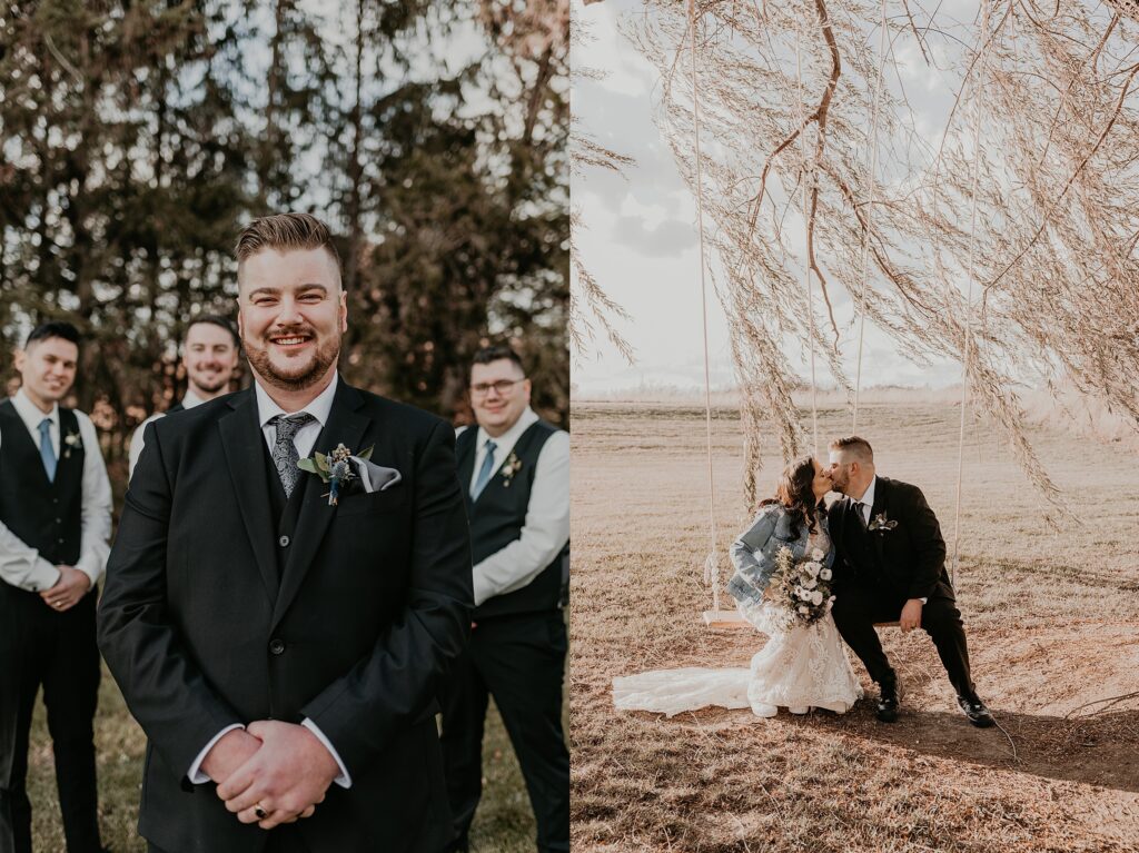 Collage of two images. Left image: groom poses for a portrait with his groomsmen standing behind them. They are all laughing. Right image: Bride and groom are sitting on a large tree swing and share a kiss at their Crescent Hill Acres wedding. Captured by Sarnia wedding photographer Ashlee Ellison.