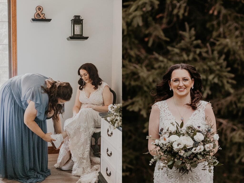 Collage of two images. Left image: Bridesmaid is helping the bride put on her wedding sneakers. Right image: The bride poses at Crescent Hill Acres for a bridal portrait. The bride is holding her bouquet and smiling at the camera. Captured by Sarnia wedding photographer Ashlee Ellison.