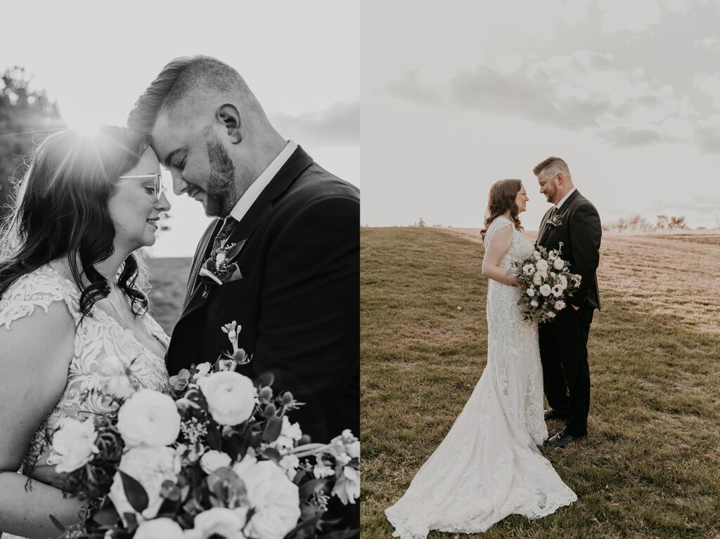 Collage of two images. Left image: black and white close up image of bride and groom standing with their heads touching for an intimate wedding day portrait. Right image: bride and groom stand facing each other in a field smiling. Captured at Crescent Hill Acres by Sarnia wedding photographer Ashlee Ellison.