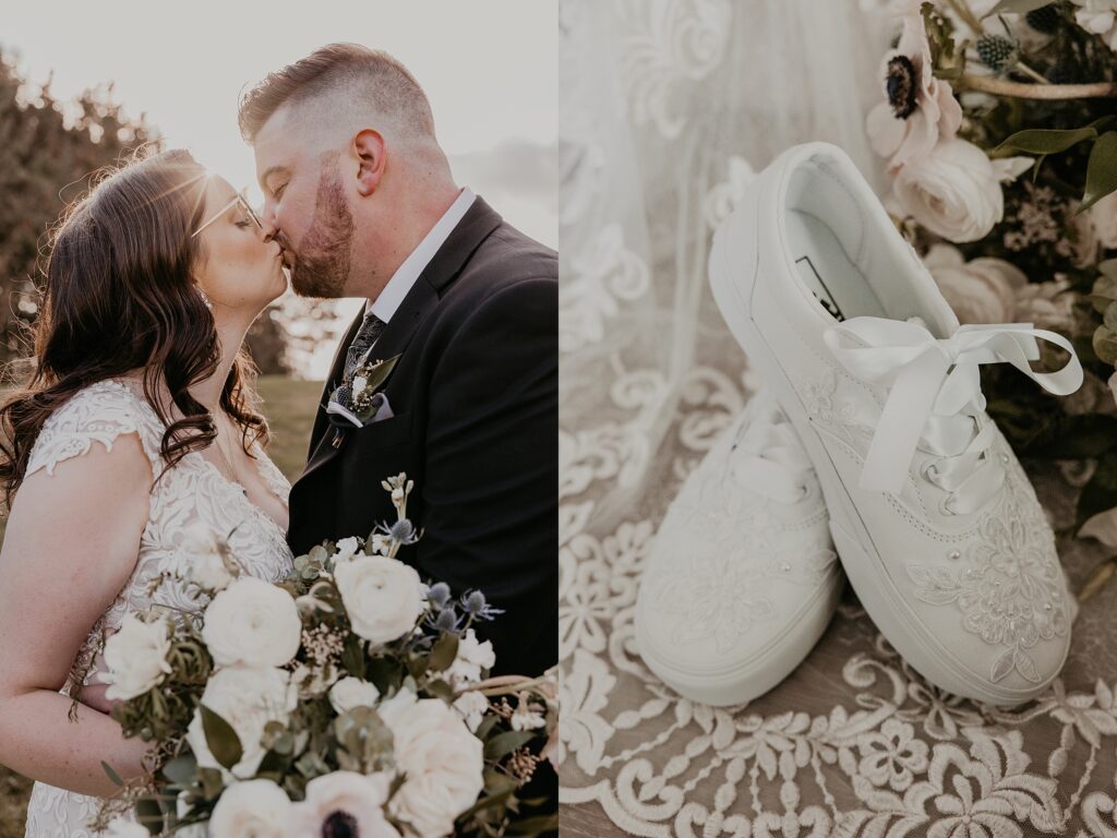 Image collage. Left image: The bride and groom share an intimate kiss for a wedding day portrait. Right image: A details image of the bride's wedding running shoes. They are embellished with lace and pearls. Captured by Sarnia wedding photographer Ashlee Ellison.
