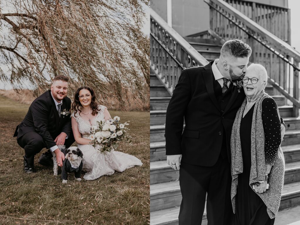 Image collage. Left image: Bride and groom crouch down for a wedding portrait with their dog between them. The bride and groom are smiling at the camera. The dog is wearing a suit jacket and bowtie. Right image: The groom poses with his grandmother for a casual wedding day portrait. the groom is kissing his grandmother on the forehead. Captured by top Sarnia, ON wedding photographer Ashlee Ellison.