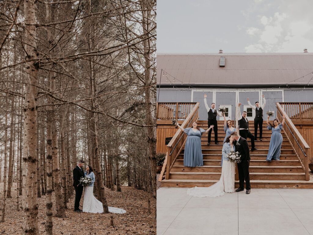 Image collage. Left image: The bride and groom pose amongst tall evergreens at Crescent Hill Acres for a bridal portrait. The bride is wearing a denim jacket. Right image: the bridal party poses on a set of stairs at Crescent Hill Acres. The bridal party is their hands up in celebration while the bride and groom kiss in front of them. Captured by top Sarnia, ON wedding photographer Ashlee Ellison.